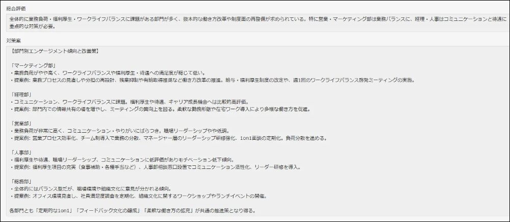 部門ごとの具体的な傾向と対策案等が出力